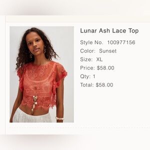 NWT Free People “Lunar Ash” cropped lace top - Sunset Coral